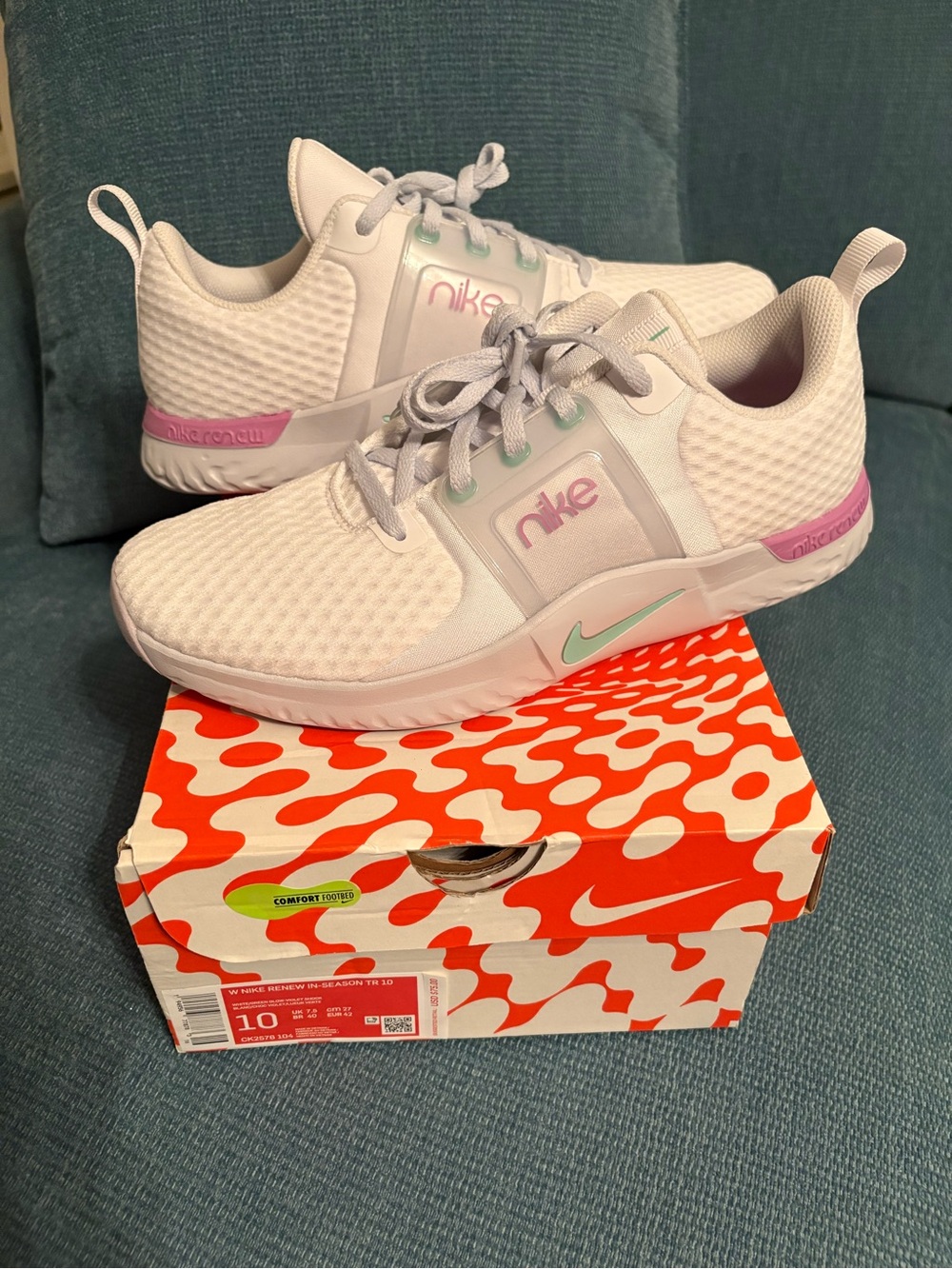 Nike Women’s Renew In-Season TR10 White Sneakers with Pink and Mint Accents